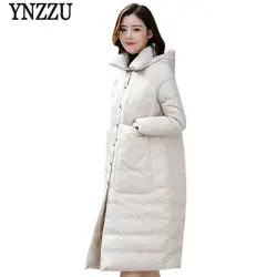 Новые зимние Для женщин пуховик элегантный сплошной длинный белый гусиный пух пальто большие карманы плотные теплые свободные Для женщин