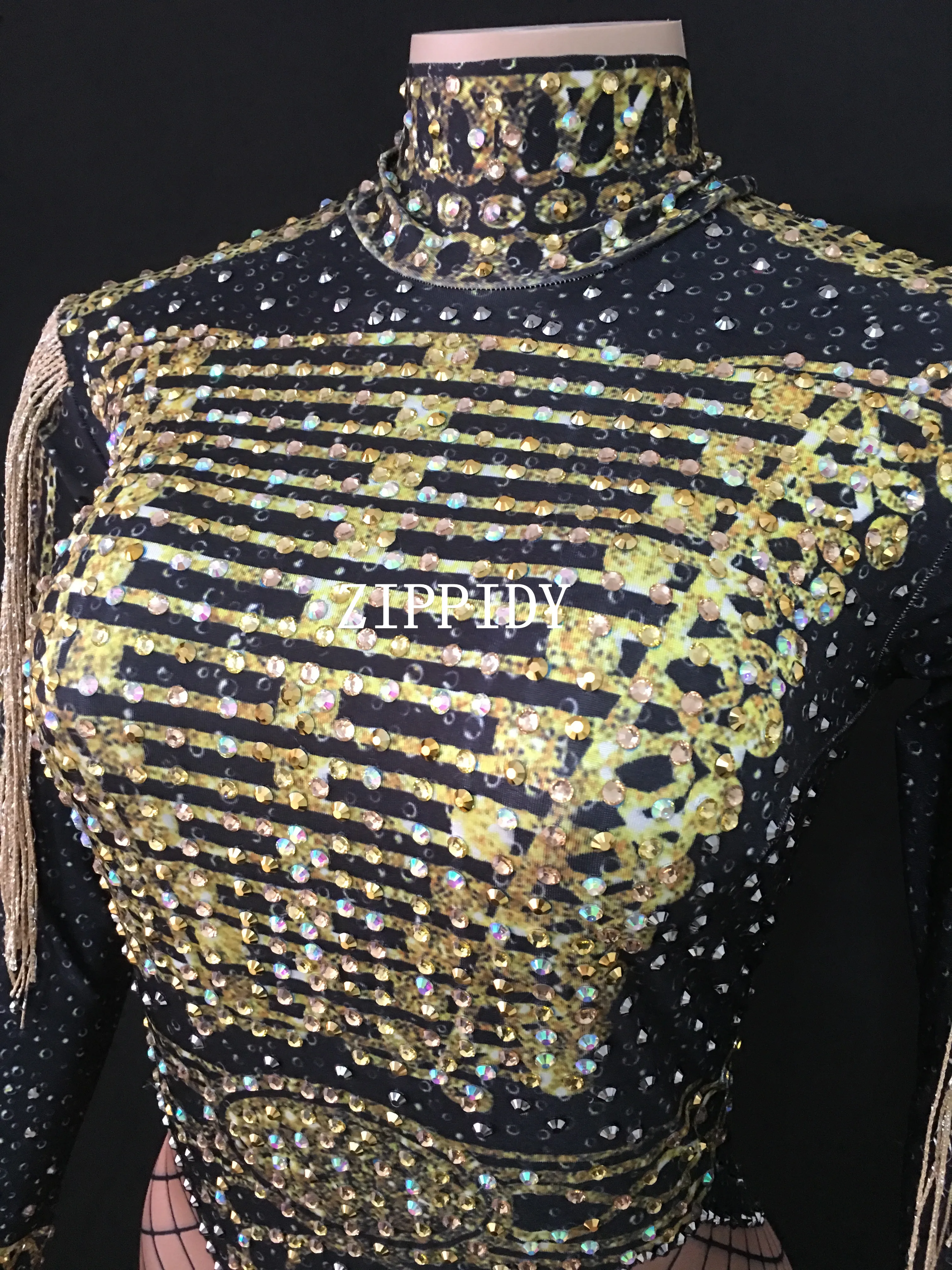 Gold Fringes Epaulet Rhinestones Jumpsuit Women Jazz Dance Nude Stretch Bodysuit Outfit Evening Show One-piece Sexy Costume Wear Gold Fringes Epaulet Rhinestones Jumpsuit Women Jazz Dance Nude Stretch Bodysuit Outfit Evening Show One-piece Sexy Costume Wear