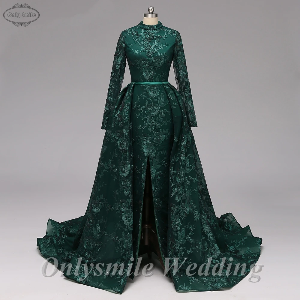 

Onlysmile Long Sleeve Green Embroidery Sequin Lace Arabic Abendkleider Evening Dress 2019 with Detachable Skirt Robe De Soiree