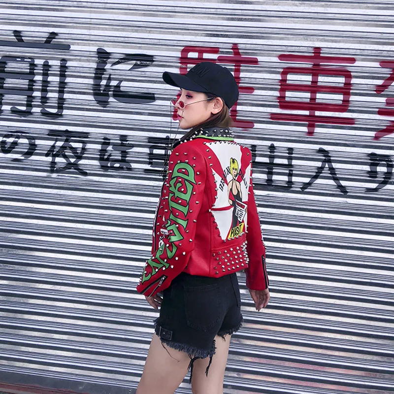 Women's Leather Jacket Punk Style Rivet Graffiti Moto Jacket Leather Coats 2018 Fashion Brand Streetwear Faux Leather Jacket