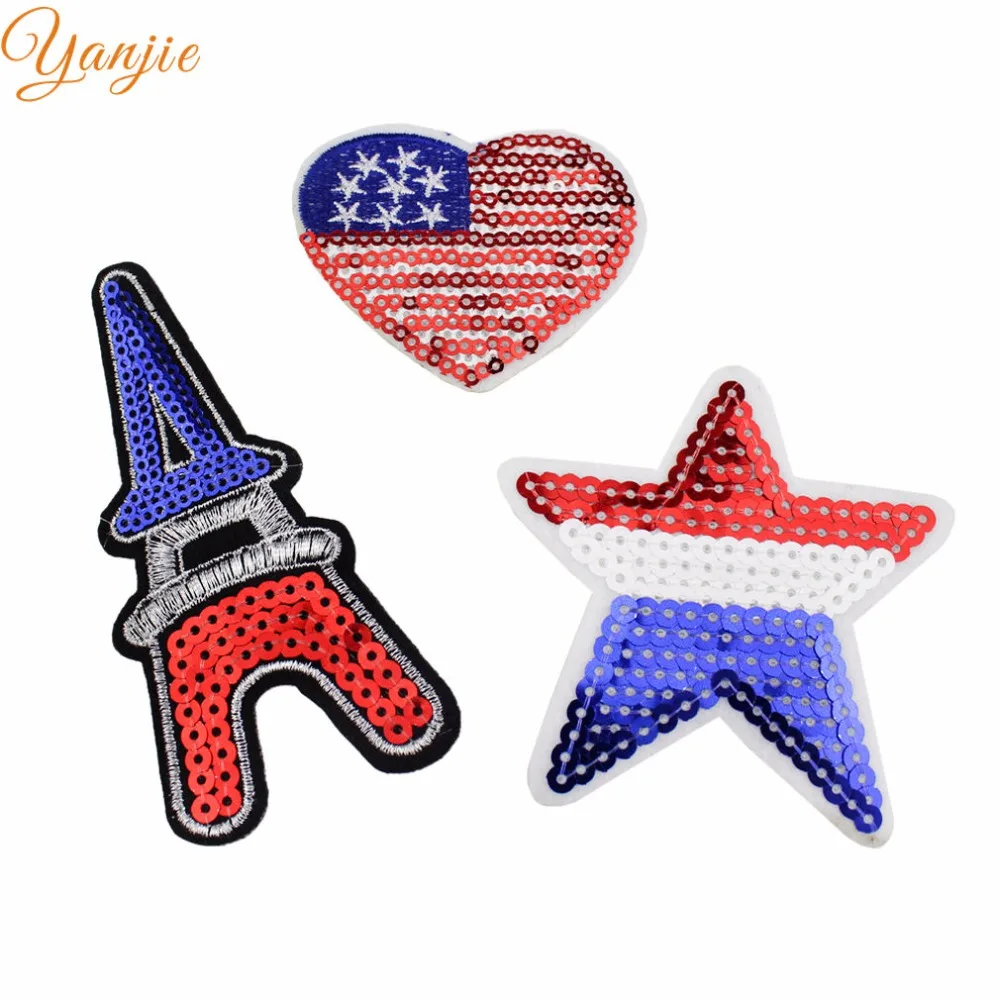 

1Pair Chic July 4th Patriotic American Flag Heart Star Tower Iron On Patch Embellishment Applique DIY Headband Accessories 2019