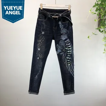 

Brand Beading Sequined Hole Ripped Stretch Denim Pencil Pants Women European Style Slim High Quality Zipper Torn Jeans Trousers