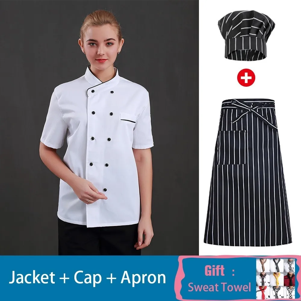 Сплошной цвет короткий рукав шеф-повара униформа, фартук шляпа летняя еда для вызова обслуживания в отелях ресторанная кухня готовка куртка унисекс поварская рубашка - Цвет: White Set 3