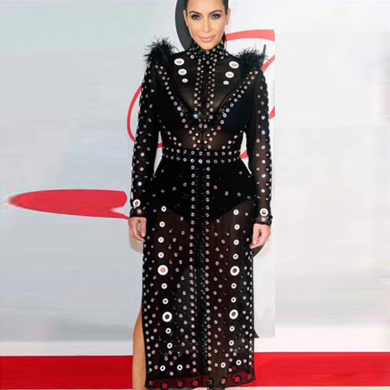 2017 New Style Women Dress Fashion Black Turtleneck Long Sleeve Dress Sexy Hollow Out Mesh Slim Celebrity Party Dresses Vestidos