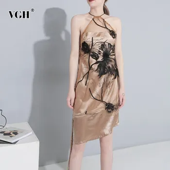 

VGH Embroidery Hem Asymmetrical Women's Dress Sleeveless Off Shoulder Print Knee-Length Female Dresses Fashion New 2020 Summer