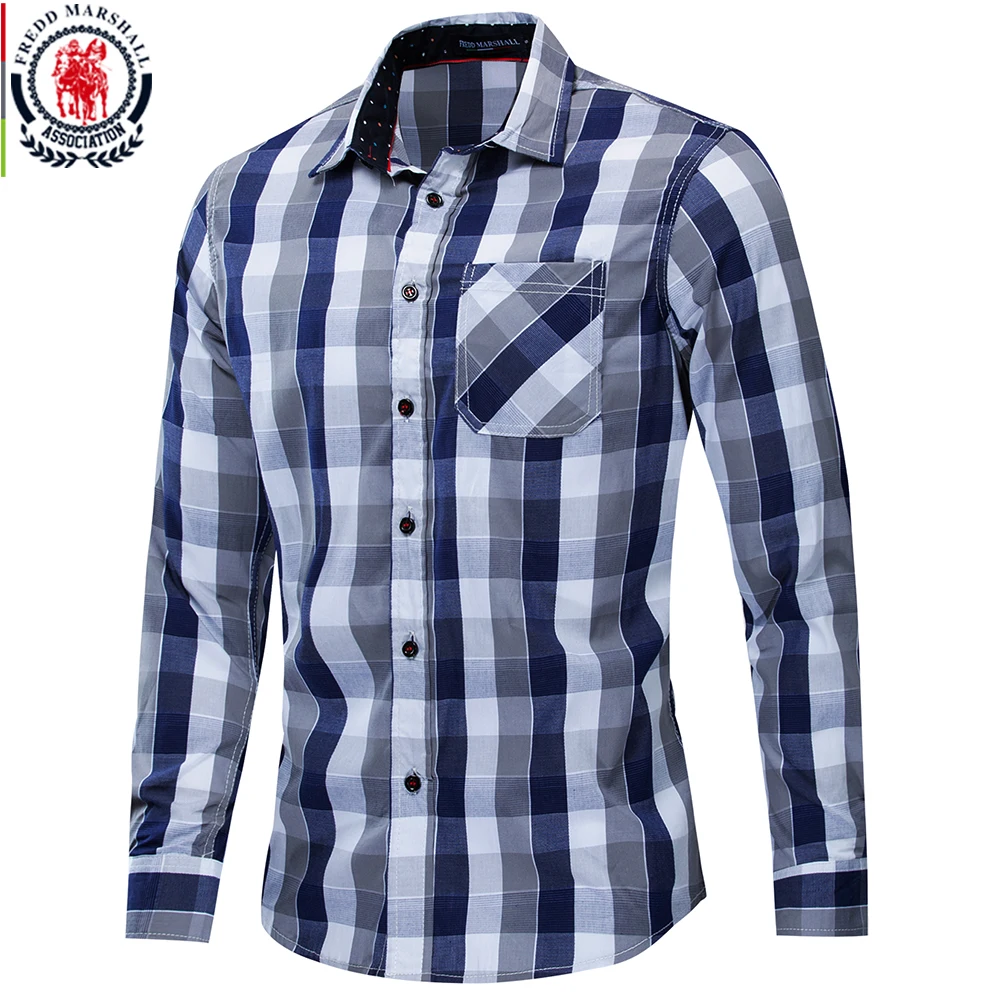 

Fredd Marshall Fashion 2019 Summer Casual Shirt Men Long Sleeve Plaid Shirt Male 100% Cotton Button Down Shirts with Pocket 197