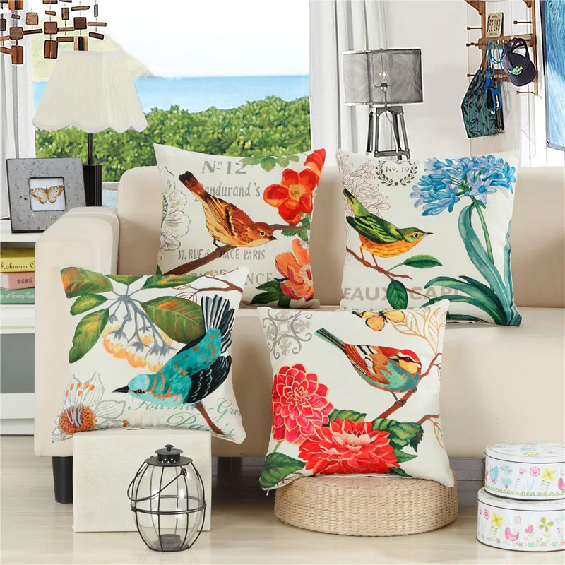 

hap-deer European Vintage Birds Printed Decorative Sofa Throw Cushion Pillows Outdoor Garden Chair Cushion Decor No Filling