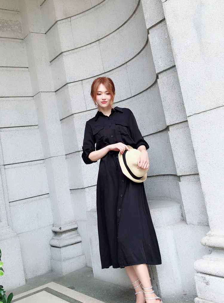 Осень весна женское длинное черное платье-рубашка корейский стиль элегантный Свободный кардиган Vestidos Longo классическое платье миди с карманами