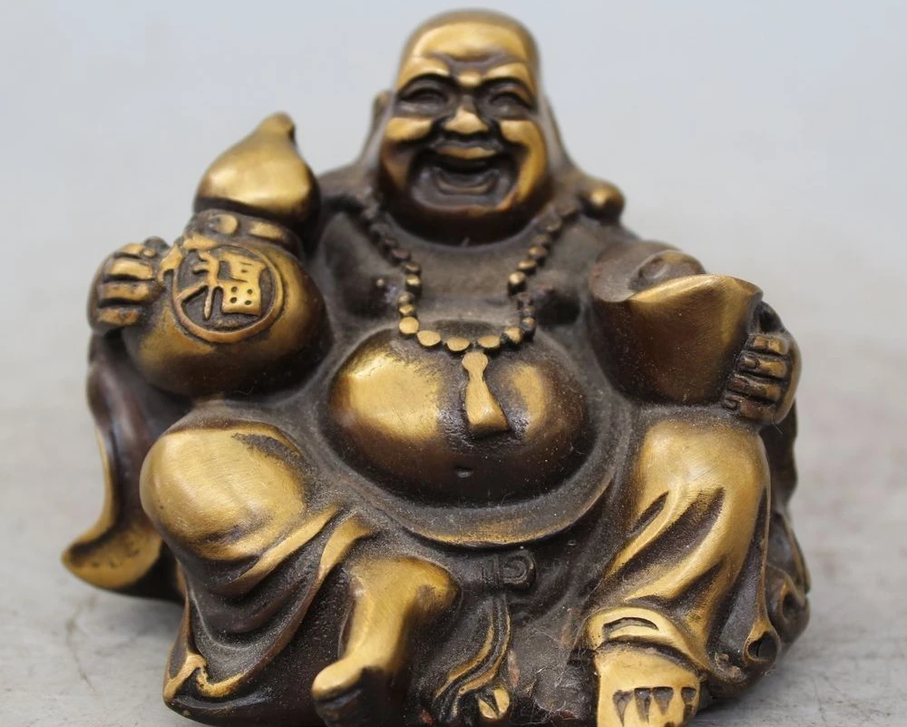 

4" Chinese Buddhism Bronze Wealth Gourd seat Happy Laugh Maitreya Buddha Statue