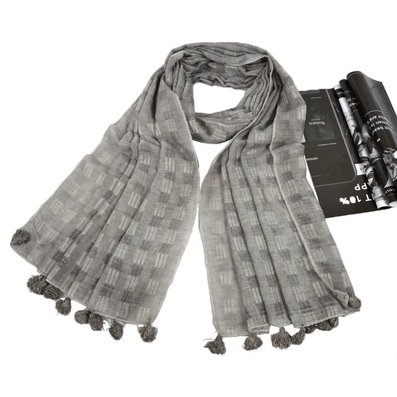 

Nice Plaid Cotton Tessel Scarf Lurex Glitte Shawl Islamic Plain Fringed Pashmina Headband Women Muslim Scarves Hijabs 10pcs/Lot