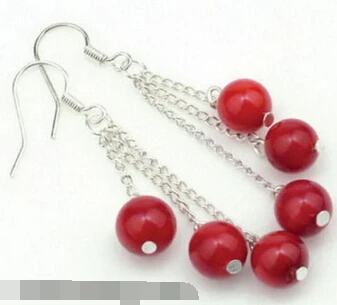 

hj 00591 Red Coral Beads 18KWGP Link Hook Dangle Earrings
