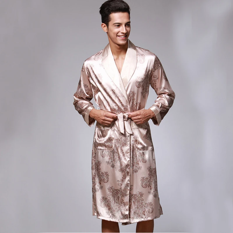 

SSH070 NEW Satin Silk Robe Male Spring Autumn Long Sleeve Sleepwear Bathrobe High Quality Dressing Gown Sexy Silk Kimono Hombre