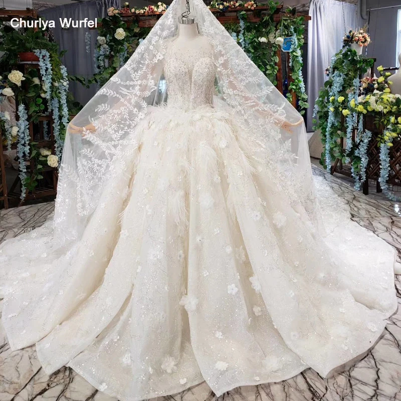 HTL503 Роскошные свадебные платья принцессы со шлейфом, круглый вырез, длинный рукав, цветы, свадебные платья с вуалью, vestido de casamento