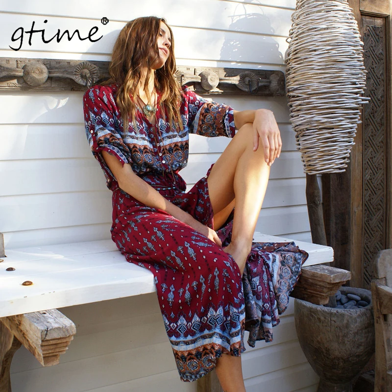 Dress Hippie Bohème Marque Floral Black Zkqa121 Maxi Impression Vêtements red Vestidos Rétro Imprimé Gtime Nouvelle Femmes Longue gF5wqIqv