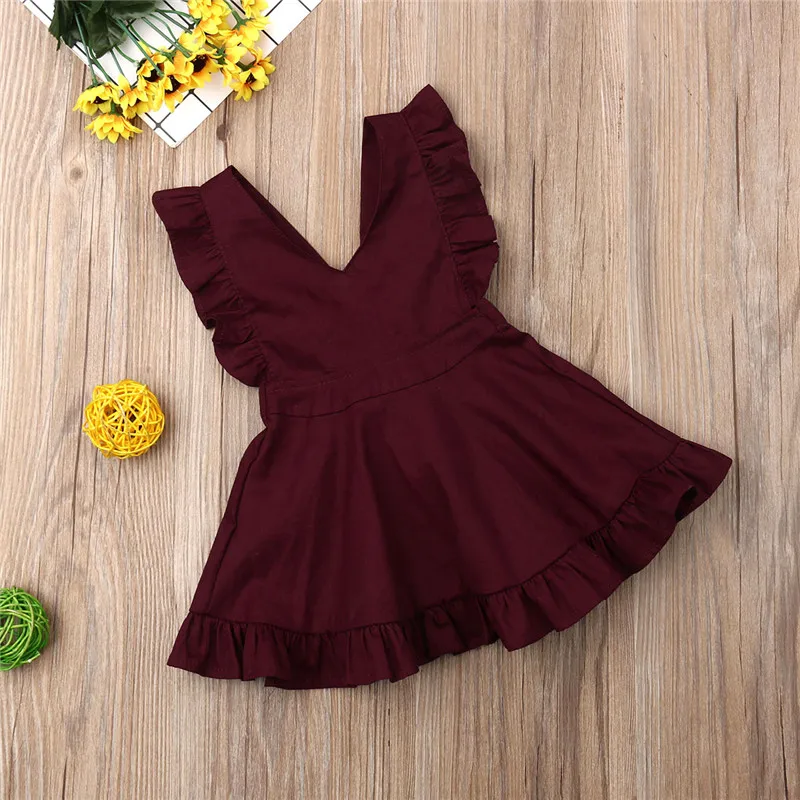 

Summer Kids Baby Girls clothes backless V-neck Ruffle bow cotton Toddler lovely Party Sleeveless Solid Mini Dresses one pieces