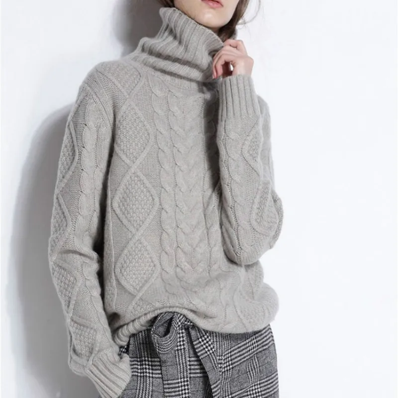 

Autumn and winter fashion twist sweater, wool neck turtleneck sweater set thicker, loose twist, cashmere knitted Jersey.