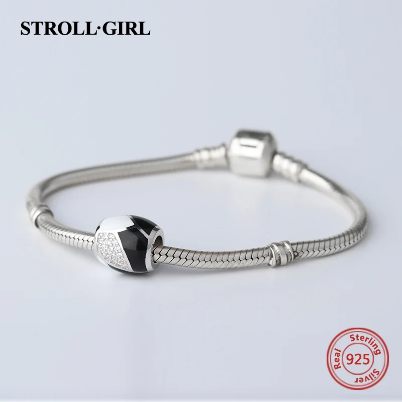 StrollGirl high polish black&white charms with CZ 925 silver vintage beads fit original pandora bracelet jewelry making men gift