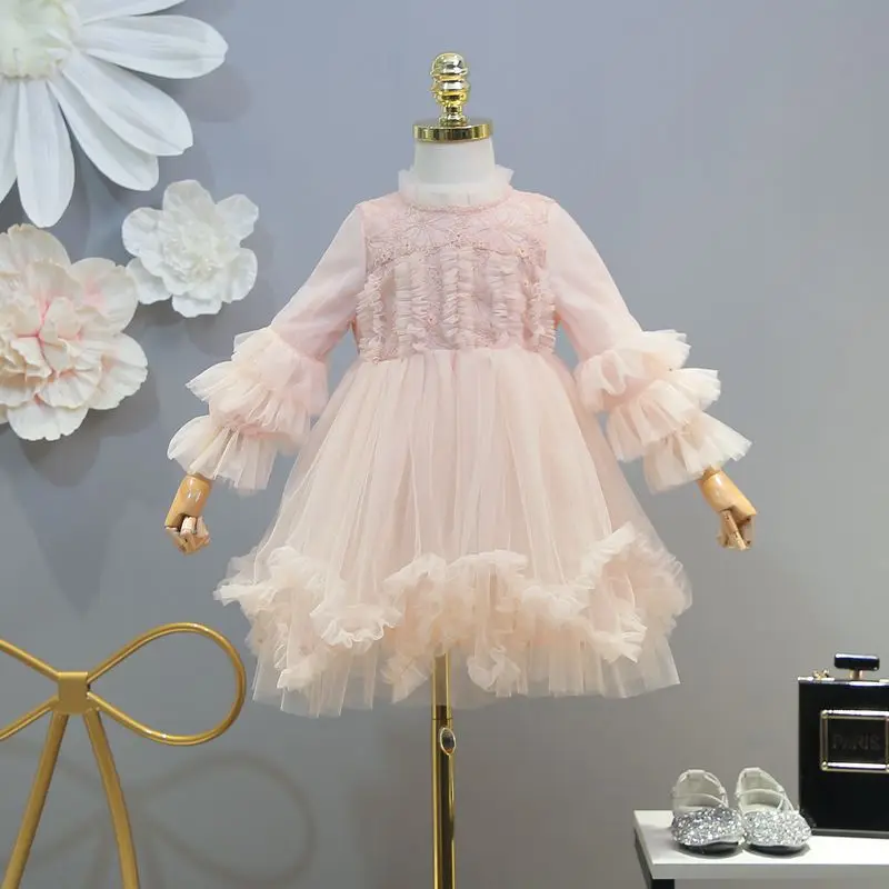 

2019 spring new children's clothing girls dress Western style mesh trim dress baby dress ultra cents