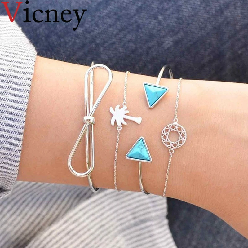 

Vicney New arrival 4pcs/Set Fashion Multilayer Bracelet Bangle Simple temperament Bow bangles Set for Women Girl Jewelry Gift