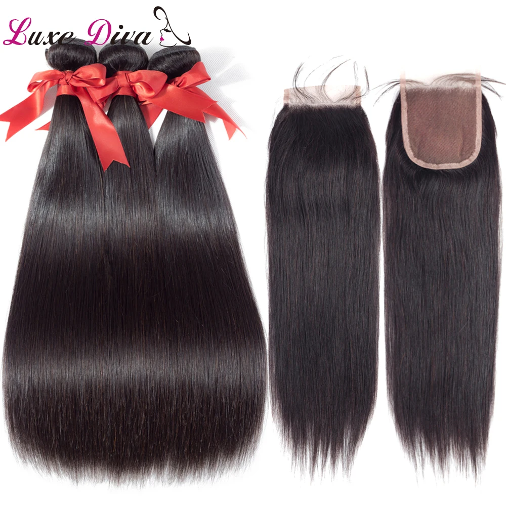 LUXE DIVA Malaysian Straight Hair Bundles With 4*4 Lace Frontal Human Hair Bundles With Closure 3 Pieces With Closure Non Remy LUXE DIVA Malaysian Straight Hair Bundles With 4*4 Lace Frontal Human Hair Bundles With Closure 3 Pieces With Closure Non Remy