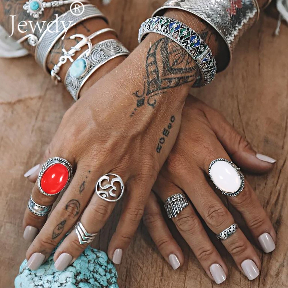 

7 PCS/Set New Vintage Big Opal Knuckle Rings Set For Women Boho Geometric Pattern Flower Rings Party Bohemian Jewelry