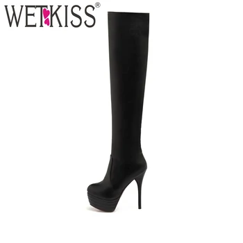 

2018 Big Size 34-46 New Autumn Thigh High Boots Winter Women Shoes Platform Round Toe Thin 13 cm High Heels Over The Knee Boots