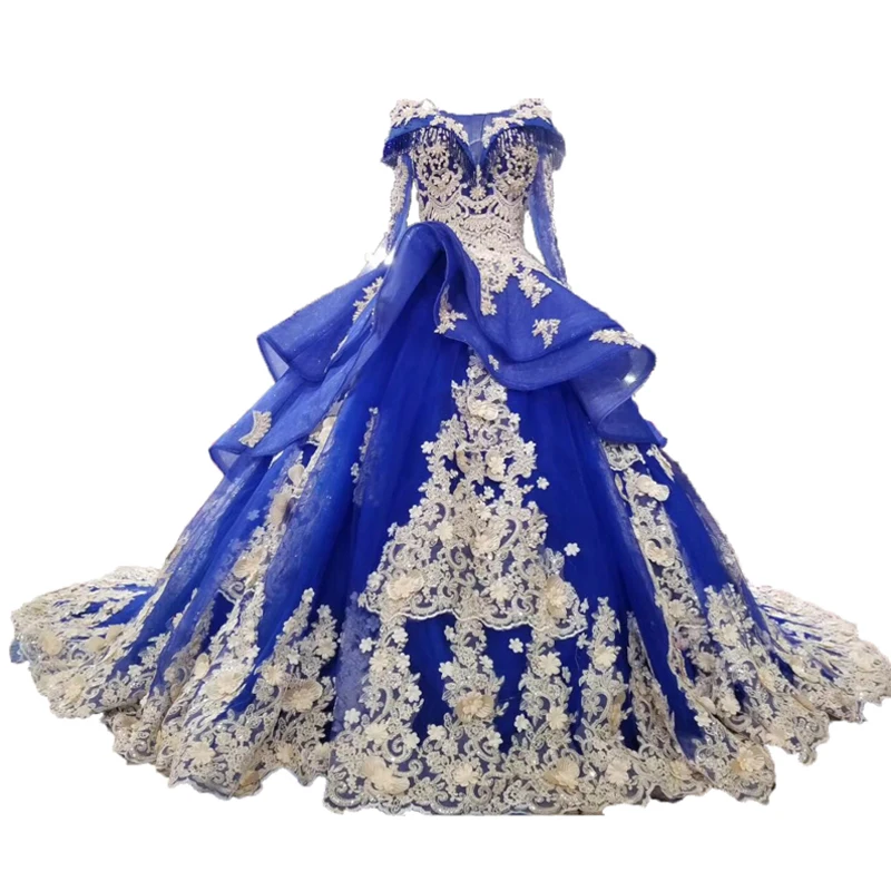 2018 New High end Evening Dress Banquet Luxury Royal Blue Lace Appliques Beading Party Ball Gown