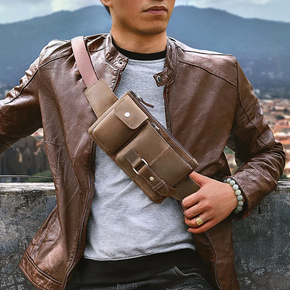 

2019 New Quality Leather men Casual Fashion Travel Waist Belt Bag Chest Pack Sling Bag Design Phone Cigarette Case Pouch Male