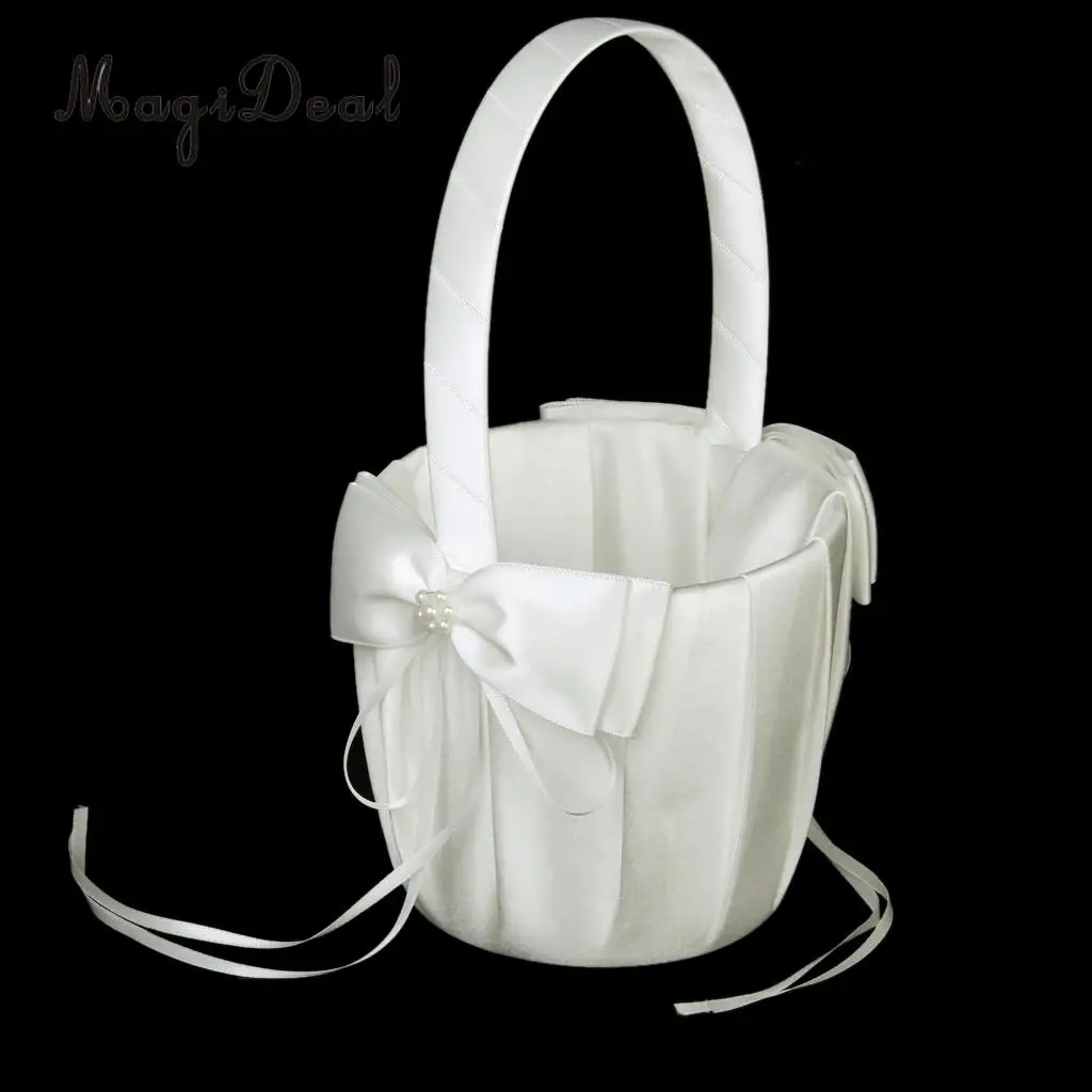 

MagiDeal High Quality Ivory Flowergirl Basket With Satin Faux Pearl Flower Embellishment for Wedding Ceremony Party Decoration