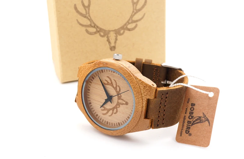 BOBO BIRD M08 100% Handmade Mens Solid Bamboo Wood Quartz Watch Deer Icon For Gift