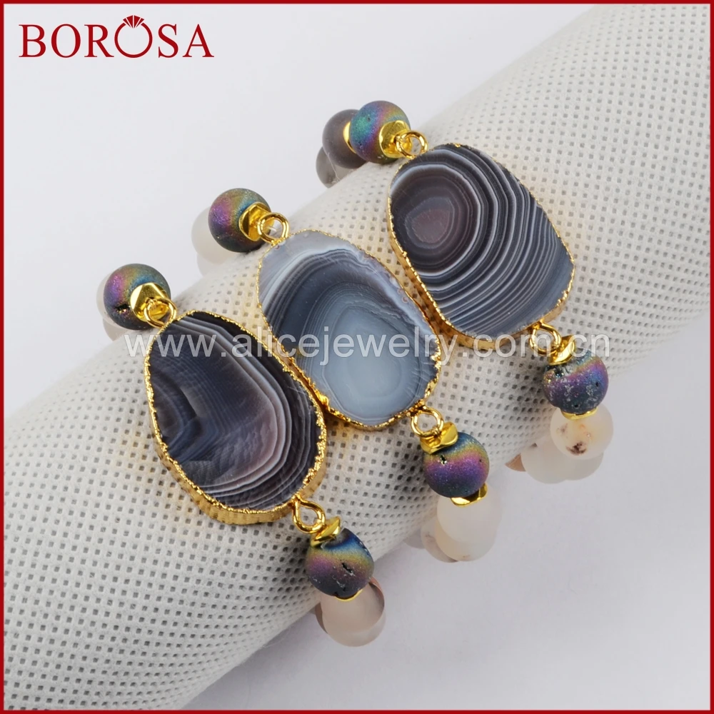 BOROSA 1 шт. модные браслеты для женщин, золотой цвет натуральный оникс кулон agates Druzy Кристалл с 10 мм матовые бусины браслет G1397