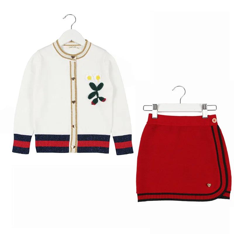 

Baby Girls Knitted Clothing Sets Cardigan Sweaters Red Skirts 2pcs Cute Cotton Kids Outfits Embroidery Floral Spring Suits