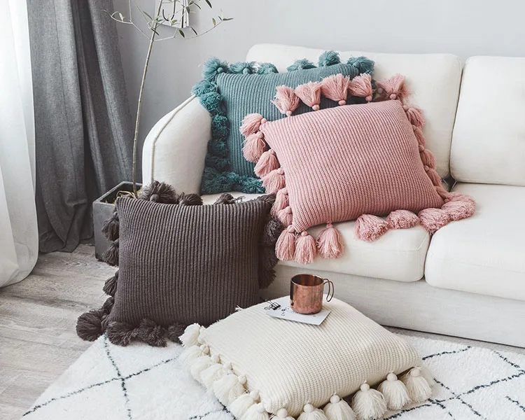 Knitted Cushion Cover Solid Pink Beige Grey Nordic Style Pillow Case With Tassle For Sofa Bed Room Home Decorative 45*45cm