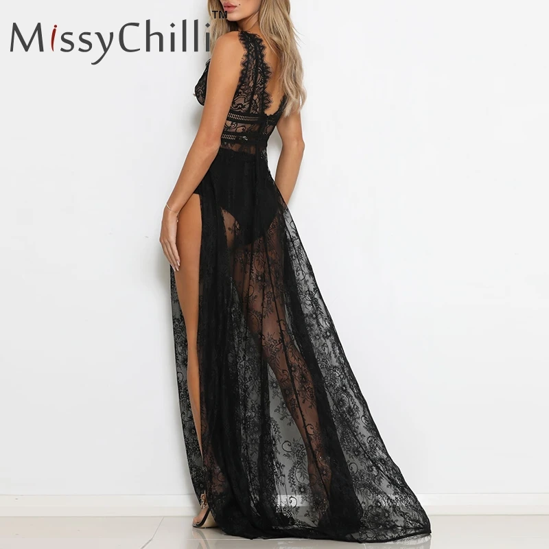 Женское Прозрачное платье MissyChilli Черное длинное кружевное с высоким разрезом и