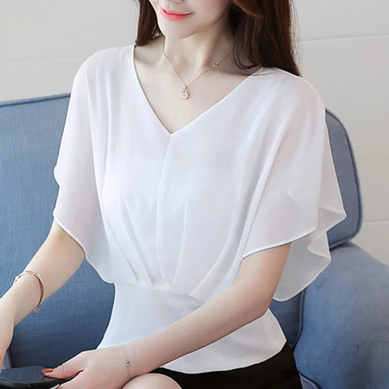  Korean fashion clothing 2019 ladies tops white shirt blouse Short Ruffles Polka Dot V-Neck shirts c