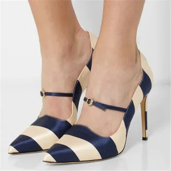 

Fashion Navy Beige Stripes High Stiletto Heels Pumps Dress Woman Shoes Buckle Strap Pointed Toe High Heels Party Pumps Women