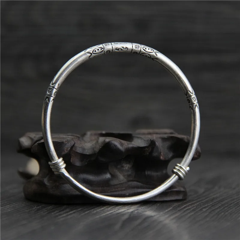 C&r Real 999 Sterling Silver Bangle Bracelet For Women Carved Fine Bracelet Ladies Models Retro