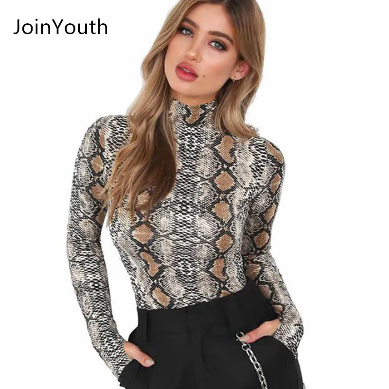 JoinYouth Женские Осенние Комбинезоны со змеиным принтом, тонкая футболка с высоким воротником и длинным рукавом