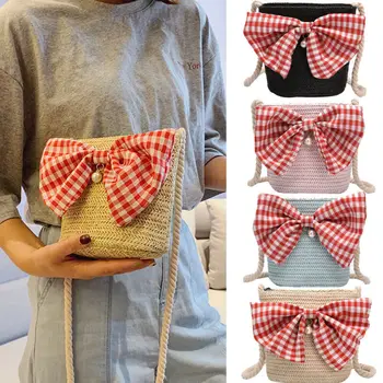 

2019 Newest Hot Women Summer Hand Woven Straw Bucket Pearl Plaid Big Bow Shoulder Bags Rattan Bag Beach Crossbody Handbag