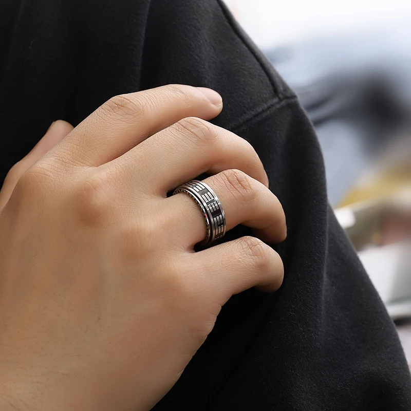Китайский Спиннер Kongfu Tai Chi, черная мантра, серебряное кольцо, вращающееся, мужские кольца из нержавеющей стали, подарки на годовщину, подарок для мужчины