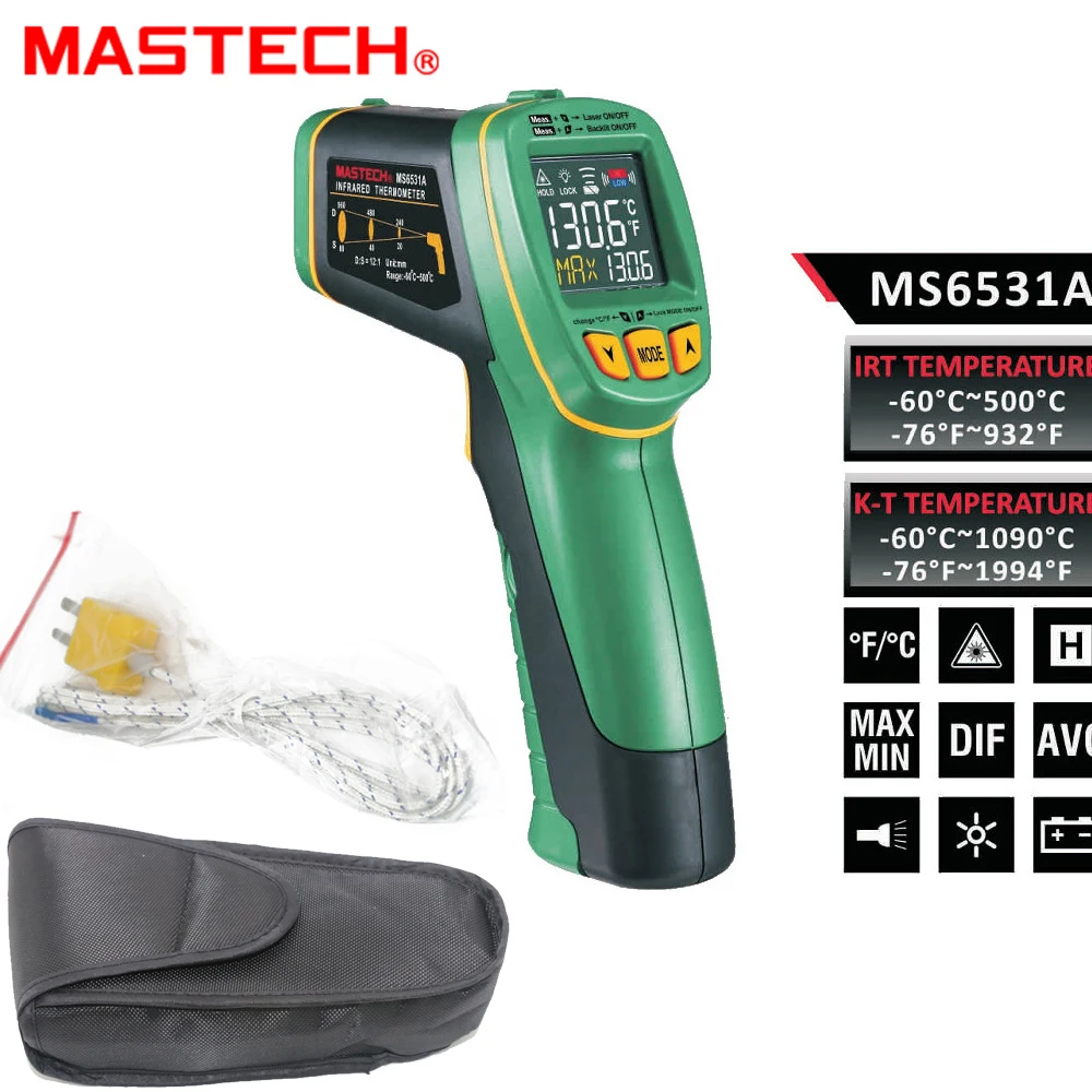 

MASTECH MS6531A Handheld Non-contact Infrared Thermometer Point Temperature Gun with K-type Temperature Measurement