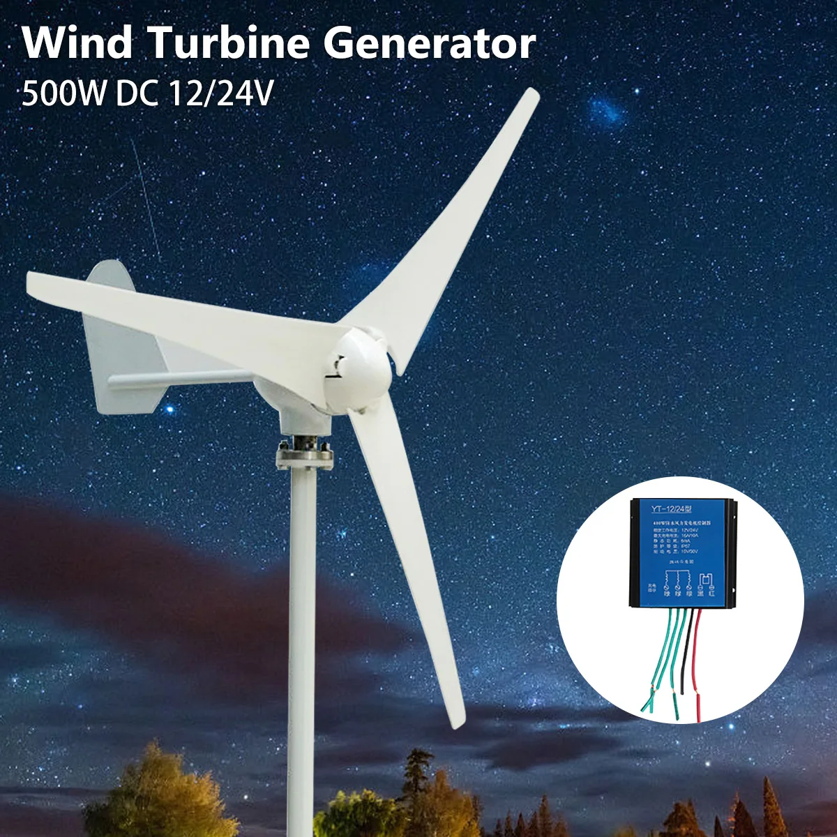 

Max 600W Wind Turbine Generator DC 12V 24V 3/5 Blade Power Supply + Charge Controller
