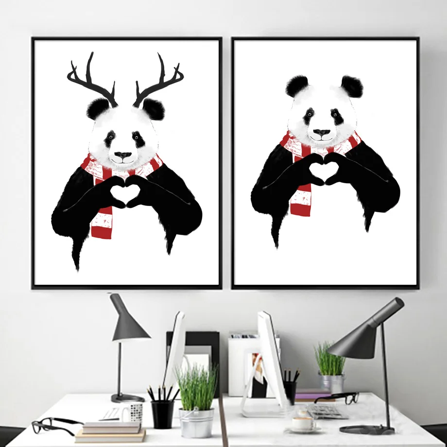 

Illustration Panda Hand Heart Antler Wall Art Canvas Painting Nordic Posters And Prints Wall Pictures For Living Room Home Decor