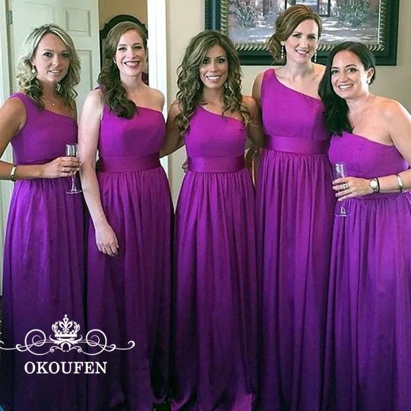 OKOUFEN одно плечо Фиолетовый эластичный атлас длинные платья подружек невесты 2018 без рукавов трапециевидной формы горничной Honor Вечерние