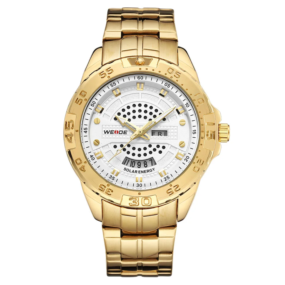 Серебряные полностью Стальные кварцевые деловые часы, спортивные водонепроницаемые мужские часы с солнечной энергией, подарок relojes hombre relogio masculino - Цвет: Золотой