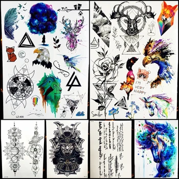 

Blue Sky Galaxy Waterproof Tattoo Stickers Geometric Water Trasnfer Lion Eagle Head Totem Hill Watercolor Moose Temporary Tattoo