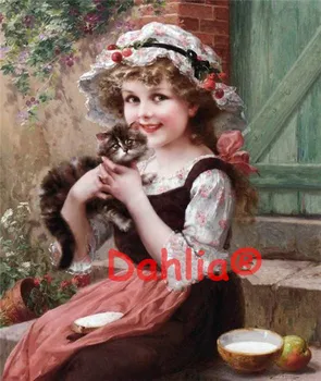 

Girl Naive Cute child Cat Handmade Needlework Embroidery DIY Aida Cross Stitch Kits Crafts 14CT Unprinted Home decor wall Arts
