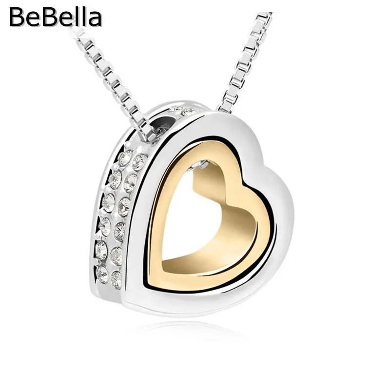 

BeBella double metal color heart in heart pendant necklace with Czech crystal for women girl fashion jewelry Christmas gift 2018