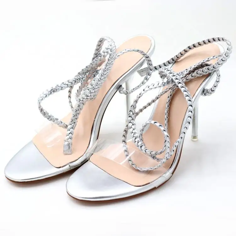 

Designers New Clear Transparent PVC One Buckle Women Sandals Peep Toe Weaving Ankle Strap Gladiators High Heels Shoes Woman