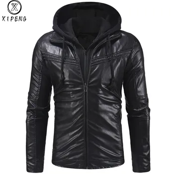 

Men's Hoodie Leather Jacket 2019 New Arrival Autumn Winter Men's Hooded Leather Jacket with Fake Two Piece Jackets Streetwear